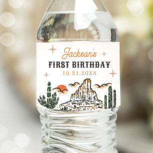 Western Vintage Desert First Rodeo 1st Birthday Water Bottle Label