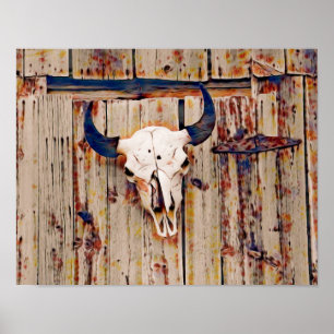 Western Vintage Rustic Bull Skull Brown Barn Poster