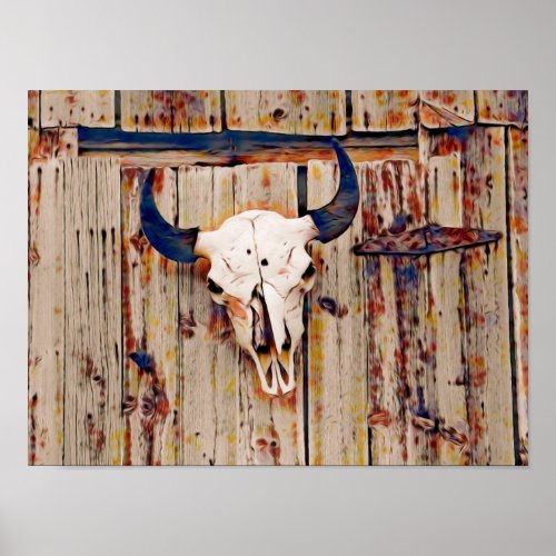 Western Vintage Rustic Bull Skull Brown Barn Poster