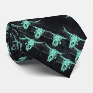 Western Vintage Teal Black Rustic Bull Skull Neck Tie