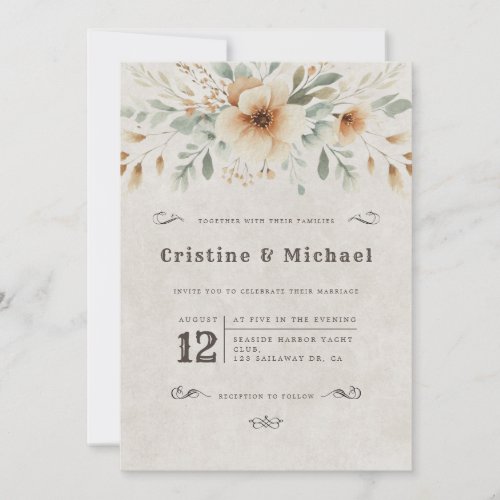 Western vintage watercolor flowers wedding invitation