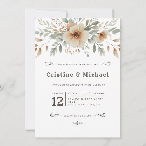 Western vintage watercolor flowers wedding invitation