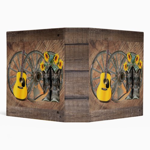 Western Wagon Wheel Guitar Cowboy boots Sunflower  3 Ring Binder