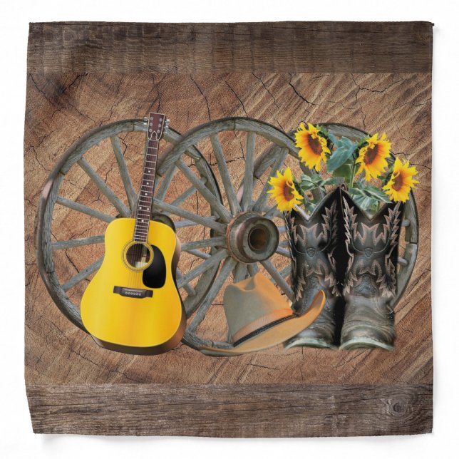 Western Wagon Wheel Guitar Cowboy boots Sunflower  Bandana (Front)
