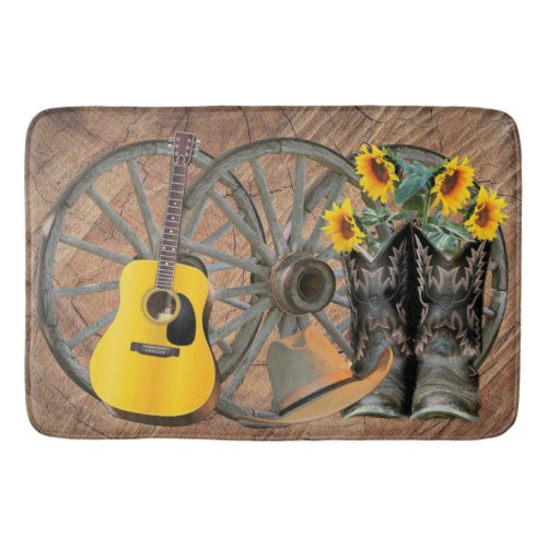 Western Wagon Wheel Guitar Cowboy boots Sunflower  Bath Mat