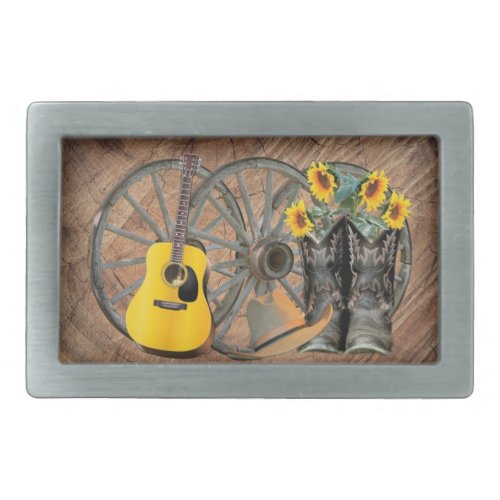 Western Wagon Wheel Guitar Cowboy boots Sunflower  Belt Buckle