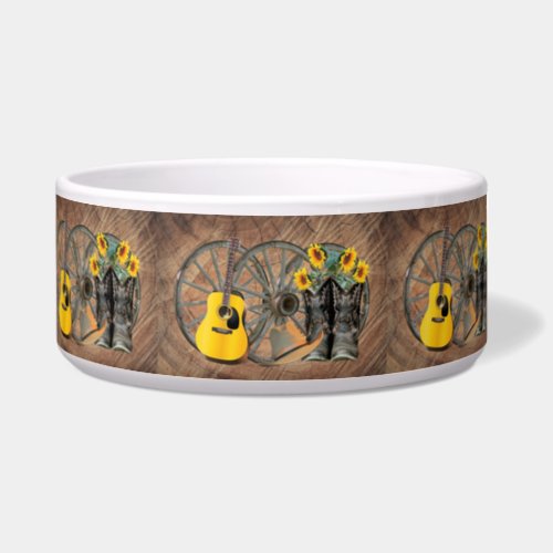 Western Wagon Wheel Guitar Cowboy boots Sunflower  Bowl
