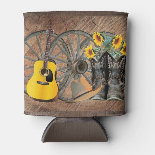 Western Wagon Wheel Guitar Cowboy boots Sunflower  Can Cooler