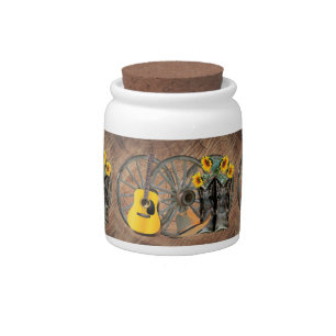 Western Wagon Wheel Guitar Cowboy boots Sunflower Candy Jar