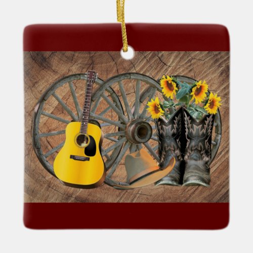 Western Wagon Wheel Guitar Cowboy boots Sunflower  Ceramic Ornament