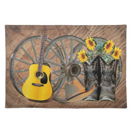 Western Wagon Wheel Guitar Cowboy boots Sunflower  Cloth Placemat