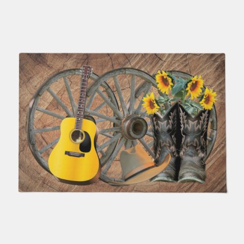 Western Wagon Wheel Guitar Cowboy boots Sunflower  Doormat