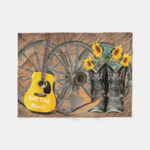 Western Wagon Wheel Guitar Cowboy boots Sunflower  Fleece Blanket