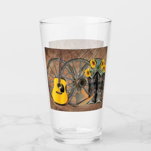 Western Wagon Wheel Guitar Cowboy boots Sunflower  Glass