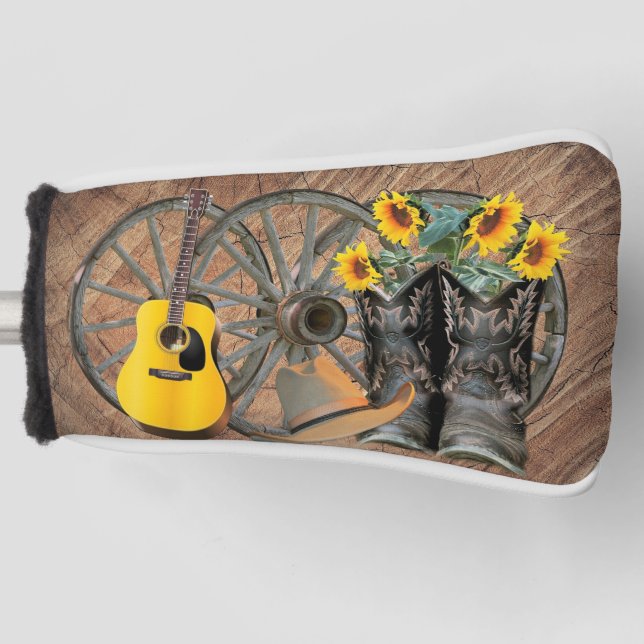 Western Wagon Wheel Guitar Cowboy boots Sunflower  Golf Head Cover (Front)