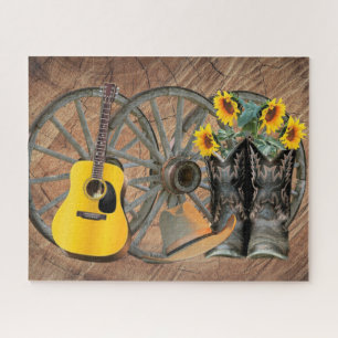 Western Wagon Wheel Guitar Cowboy boots Sunflower Jigsaw Puzzle