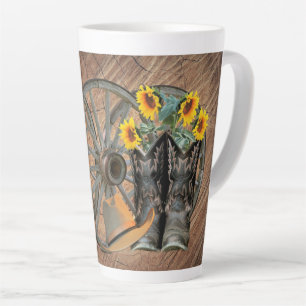 Western Wagon Wheel Guitar Cowboy boots Sunflower Latte Mug