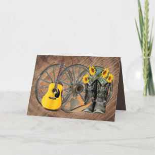 Western Wagon Wheel Guitar Cowboy boots Sunflower Letterpress Thank You Card