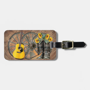 Western Wagon Wheel Guitar Cowboy boots Sunflower Luggage Tag