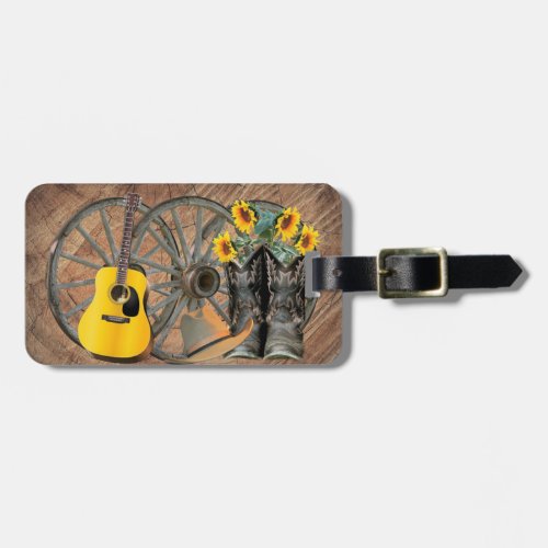 Western Wagon Wheel Guitar Cowboy boots Sunflower  Luggage Tag