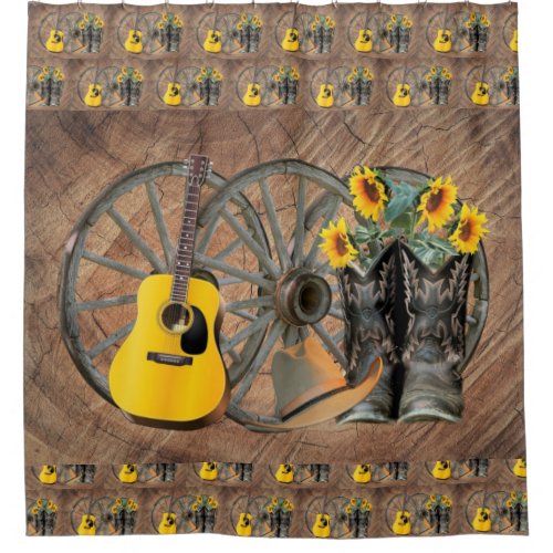 Western Wagon Wheel Guitar Cowboy boots Sunflower  Shower Curtain