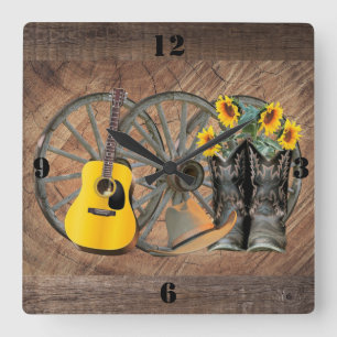 Western Wagon Wheel Guitar Cowboy boots Sunflower Square Wall Clock