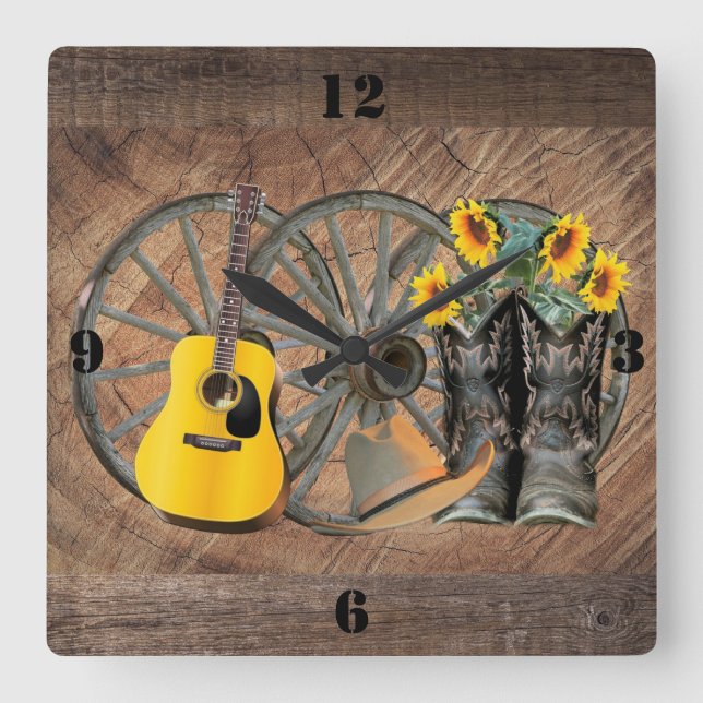 Western Wagon Wheel Guitar Cowboy boots Sunflower  Square Wall Clock (Front)