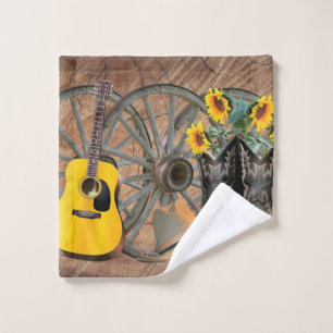 Western Wagon Wheel Guitar Cowboy boots Sunflower  Wash Cloth