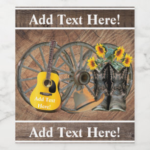 Western Wagon Wheel Guitar Cowboy boots Sunflower  Wine Label