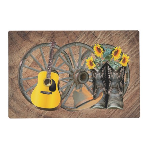 western Wagon Wheel Guitar Cowboy boots Sunflowers Placemat