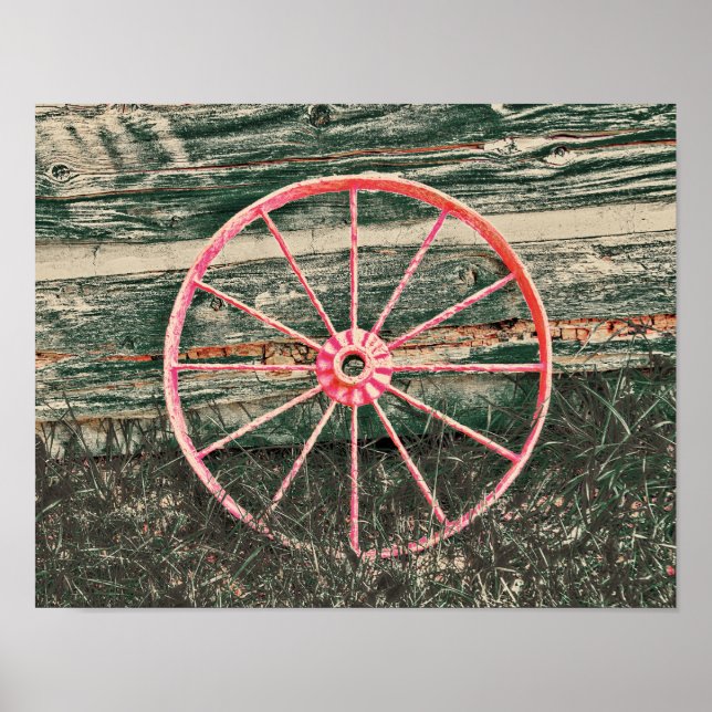 Western Wagon Wheel Red Country Rustic Vintage Poster (Front)