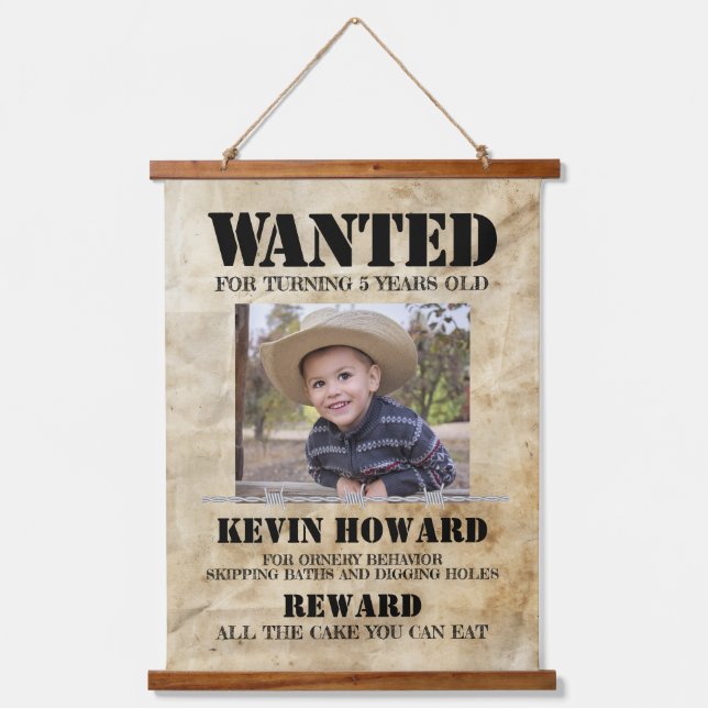 Western Wanted Birthday Wood Topped Wall Tapestry (Front)