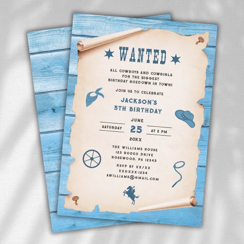 Western Wanted Blue Boy Birthday Invitation