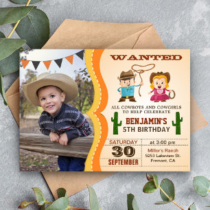 Western Wanted Cowboy Photo Birthday Party Invitation