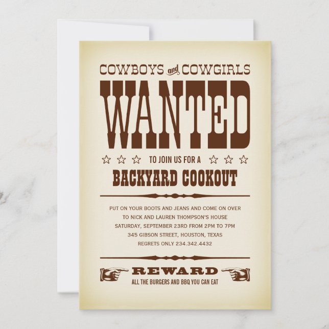 Western Wanted Poster Party Invitations (Front)
