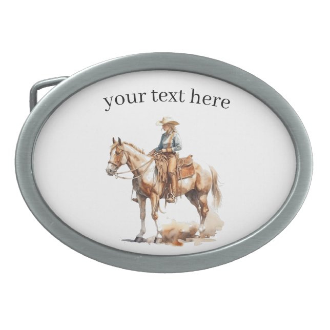 Western Watercolor Blonde Cowgirl, custom Belt Buckle (Front)