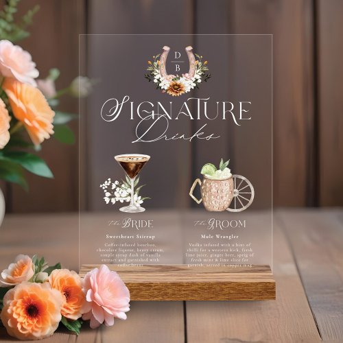 Western Watercolor Bride  Groom Signature Drinks Acrylic Sign