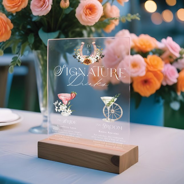 Western Watercolor Bride & Groom Signature Drinks Acrylic Sign (Western Watercolor Bride & Groom Signature Drinks Acrylic Sign)