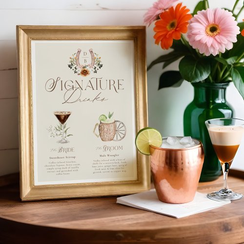 Western Watercolor Bride  Groom Signature Drinks Poster