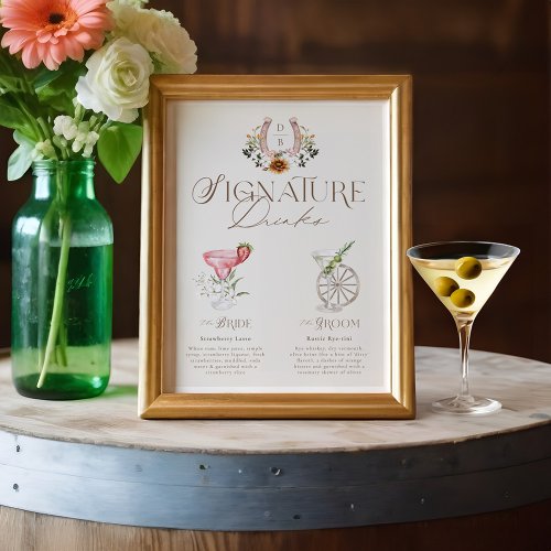 Western Watercolor Bride  Groom Signature Drinks Poster