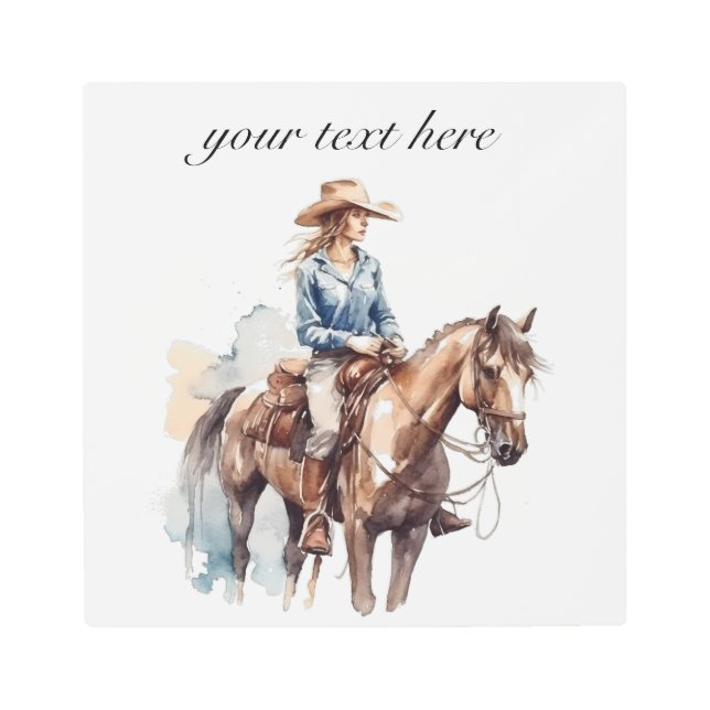 Western Watercolor Brunette Cowgirl, custom Metal Print (Front)