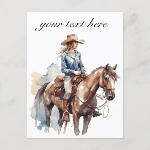 Western Watercolor Brunette Cowgirl, custom Postcard