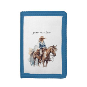 Western Watercolor Brunette Cowgirl Horse Custom Tri-fold Wallet