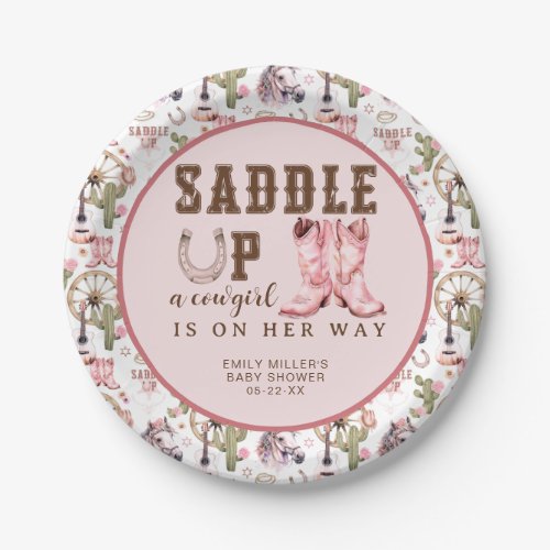 Western Watercolor Cowgirl Baby Shower Paper Plates