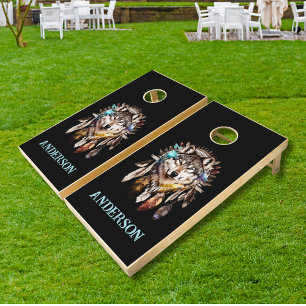 Western Watercolor Wolf Cornhole Set