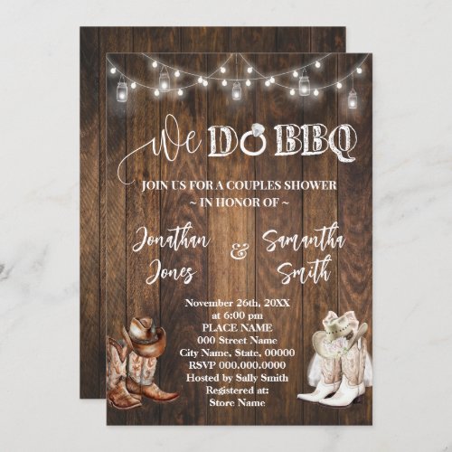 Western We Do BBQ Couples Shower Country Boots Invitation