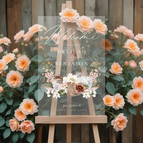 Western Wedding Boho Floral Photo Crest Horseshoe  Acrylic Sign