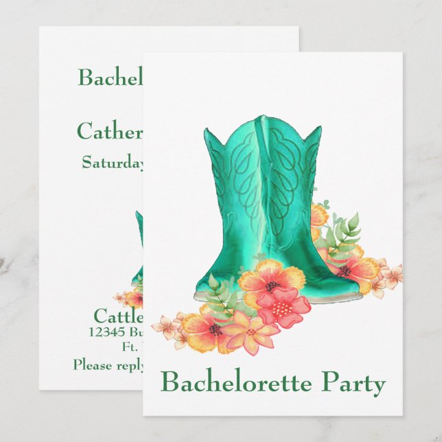 Western Wedding Cowboy Boots Flowers Bachelorette Invitation (Front/Back)