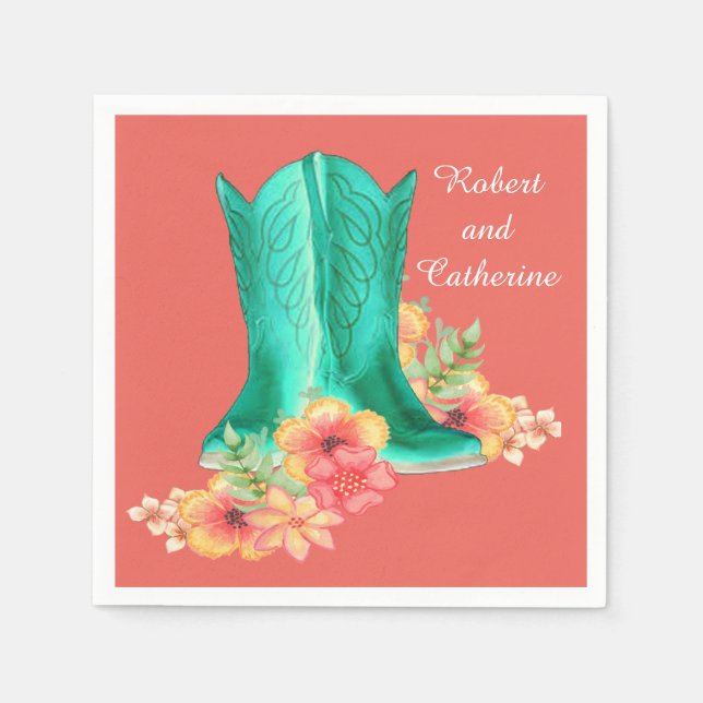 Western Wedding Cowboy Boots Flowers Custom Name Napkins (Front)