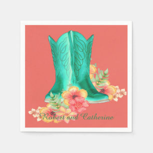 Western Wedding Cowboy Boots Flowers Custom Name Napkins